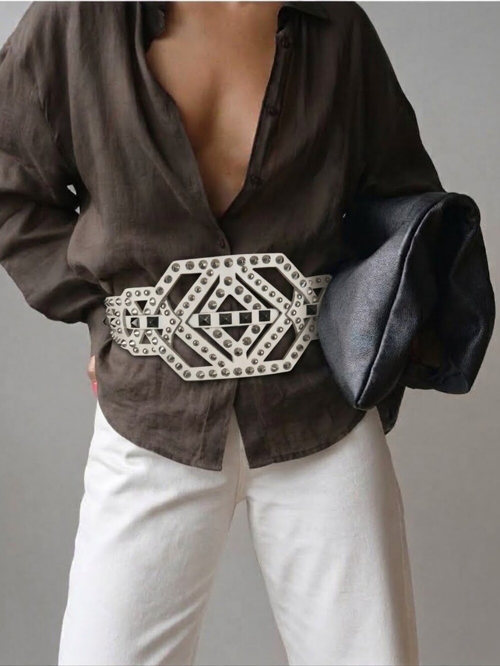 Y2K River Island Italian Leather Corset Statement Belt White Studs Sz Lrg